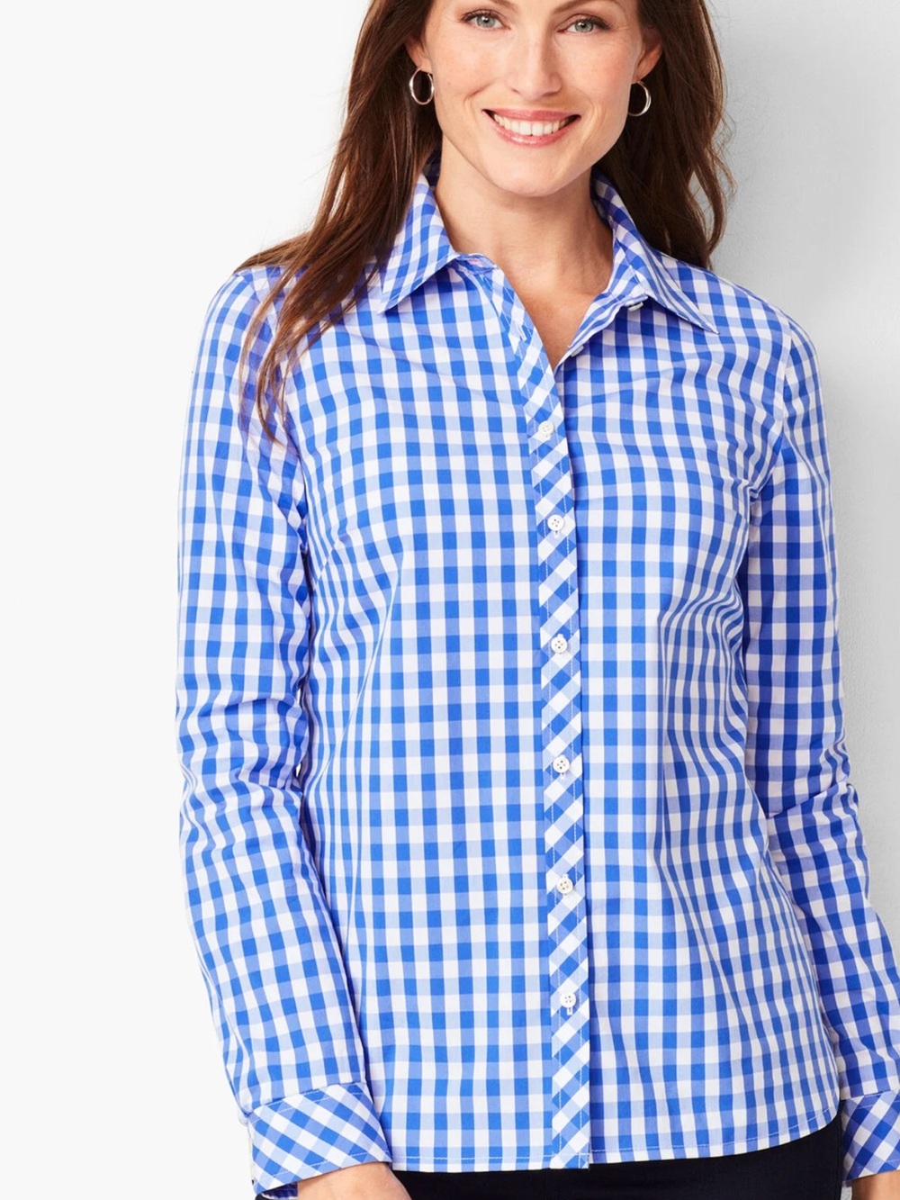 Talbots Classic Cotton Gingham Shirt - Blue/White Contrasting Cuffs XL petite